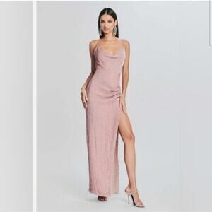 Retrofete Katya Dress in Dusty Peach Large Maxi Sequins Cowl Neck Sleeveless NWT